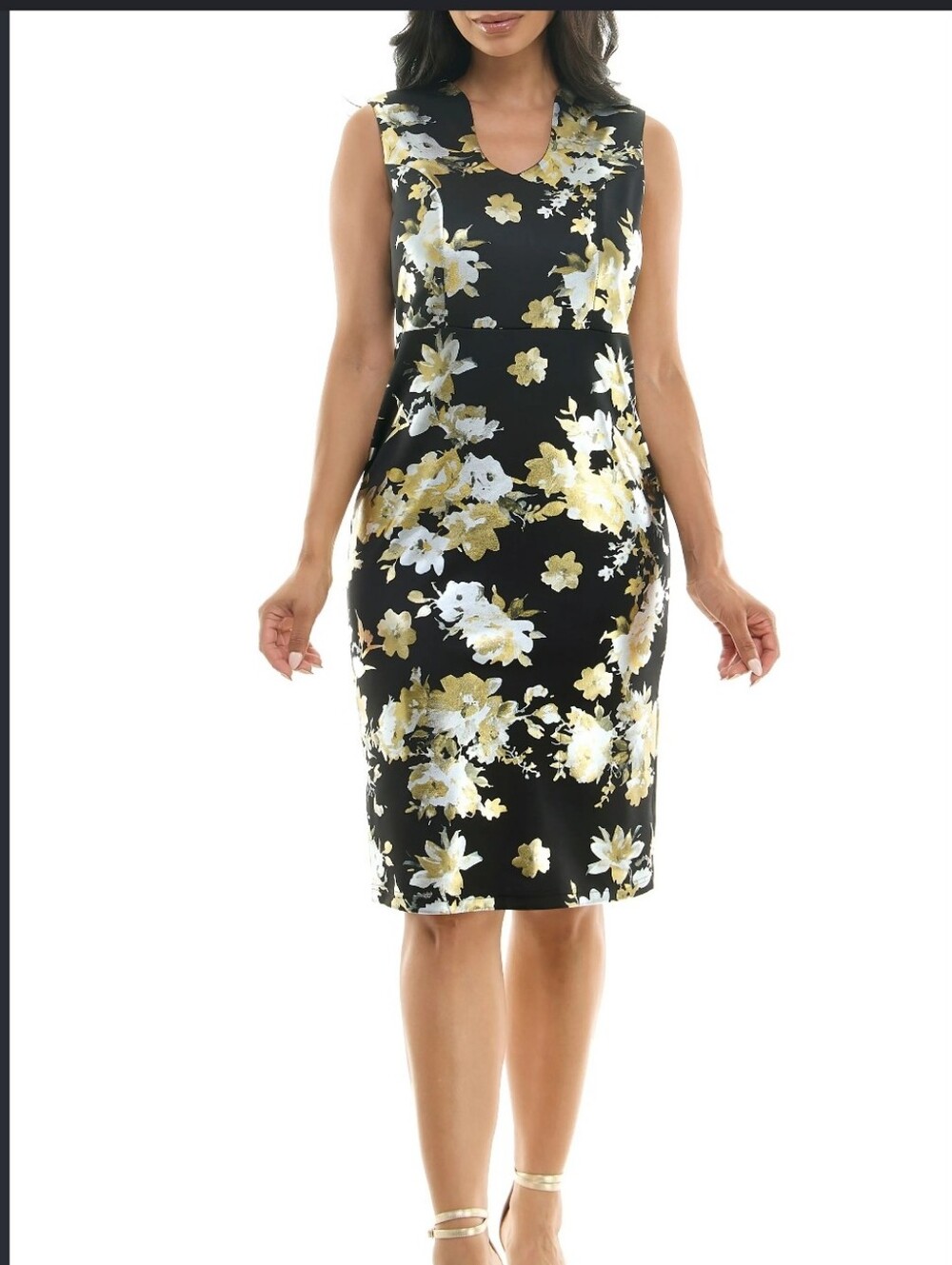 Nina Leonard Black Floral Sheath Dress with Gold and Cream Accents Sz M
